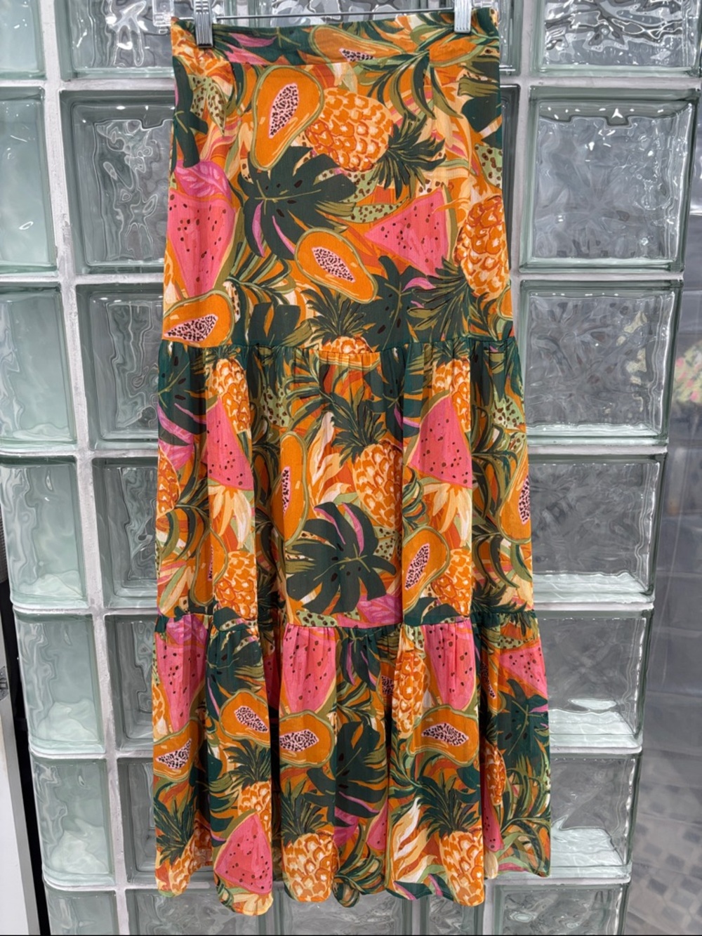 Daniel Rainn Green & Orange Tropical Print Maxi Skirt